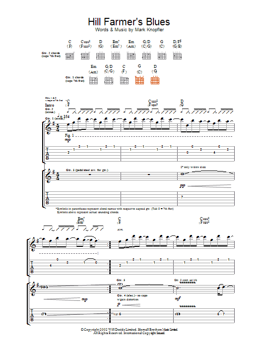 Mark Knopfler Hill Farmer's Blues sheet music notes printable PDF score