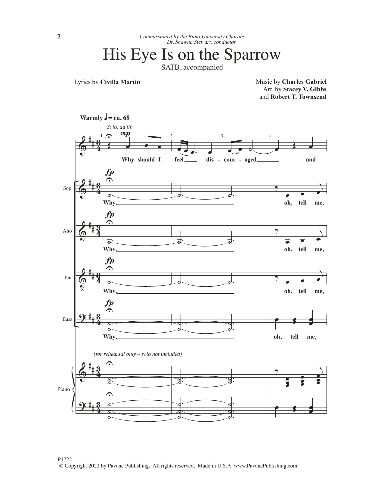 Charles Hutchinson Gabriel His Eye Is On The Sparrow (arr. Stacey V. Gibbs & Robert T. Townsend) sheet music notes printable PDF score