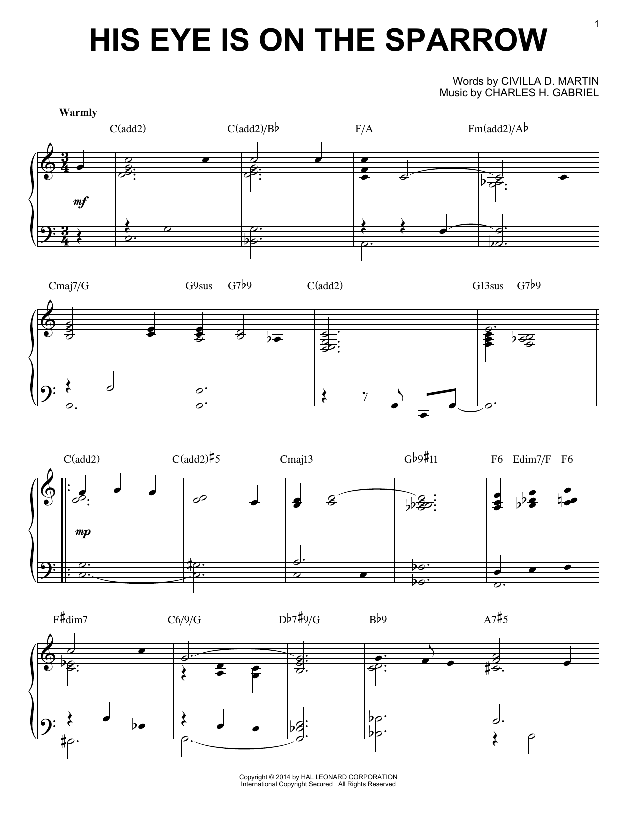 Download Charles H. Gabriel His Eye Is On The Sparrow [Jazz version Sheet Music