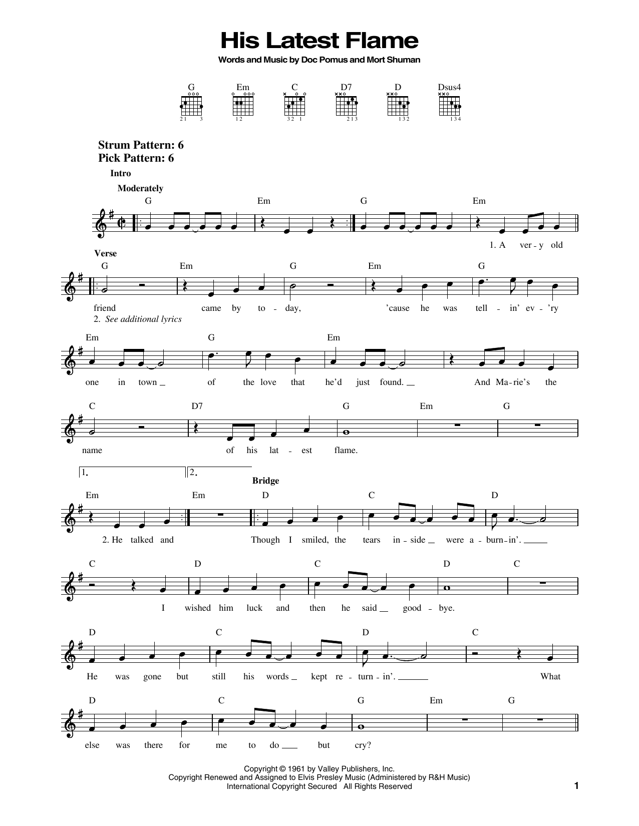 Elvis Presley His Latest Flame sheet music notes printable PDF score