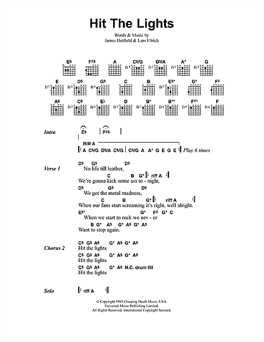 luft dæk hyppigt Metallica "Hit The Lights" Sheet Music | Download Guitar Chords/Lyrics PDF  Music Score - 41498