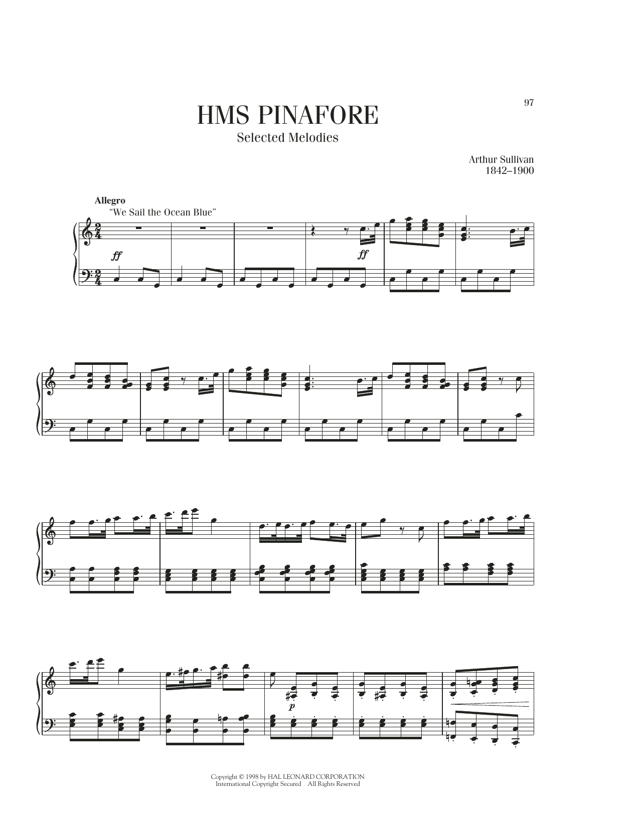 Arthur Sullivan HMS Pinafore, Selected Melodies sheet music notes printable PDF score