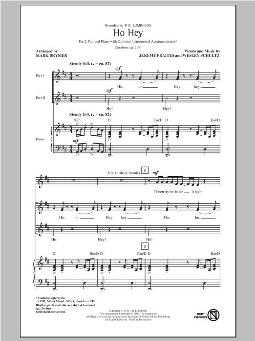 Download The Lumineers Ho Hey (arr. Mark Brymer) Sheet Music
