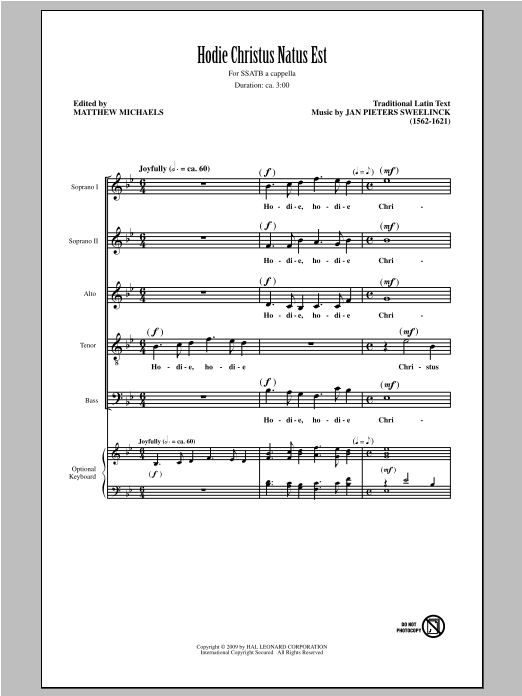 Download Jan Pieterszoon Sweelinck Hodie Christus Natus Est (arr. Matthew Sheet Music