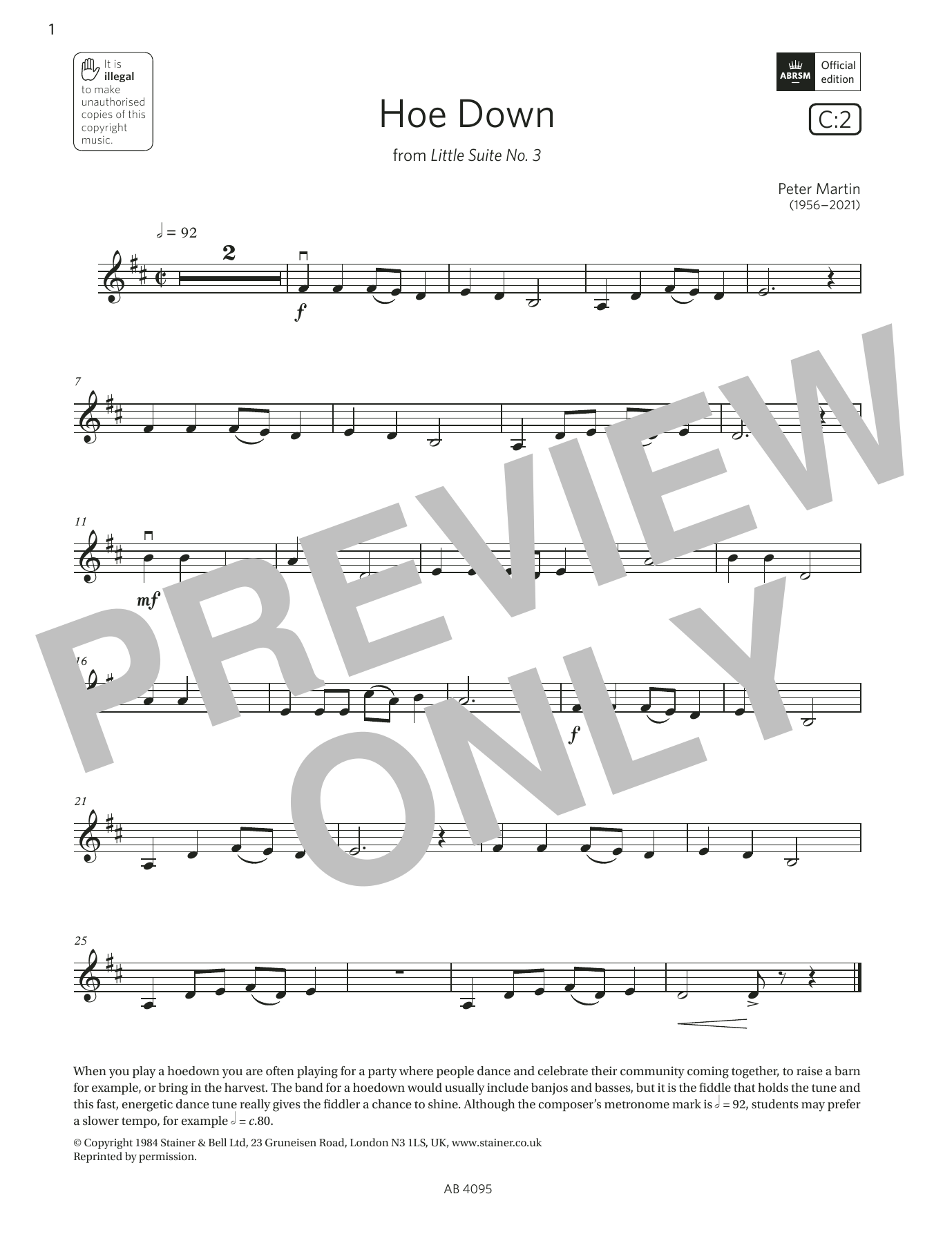 Download Peter Martin Hoe Down (Grade 1, C2, from the ABRSM V Sheet Music