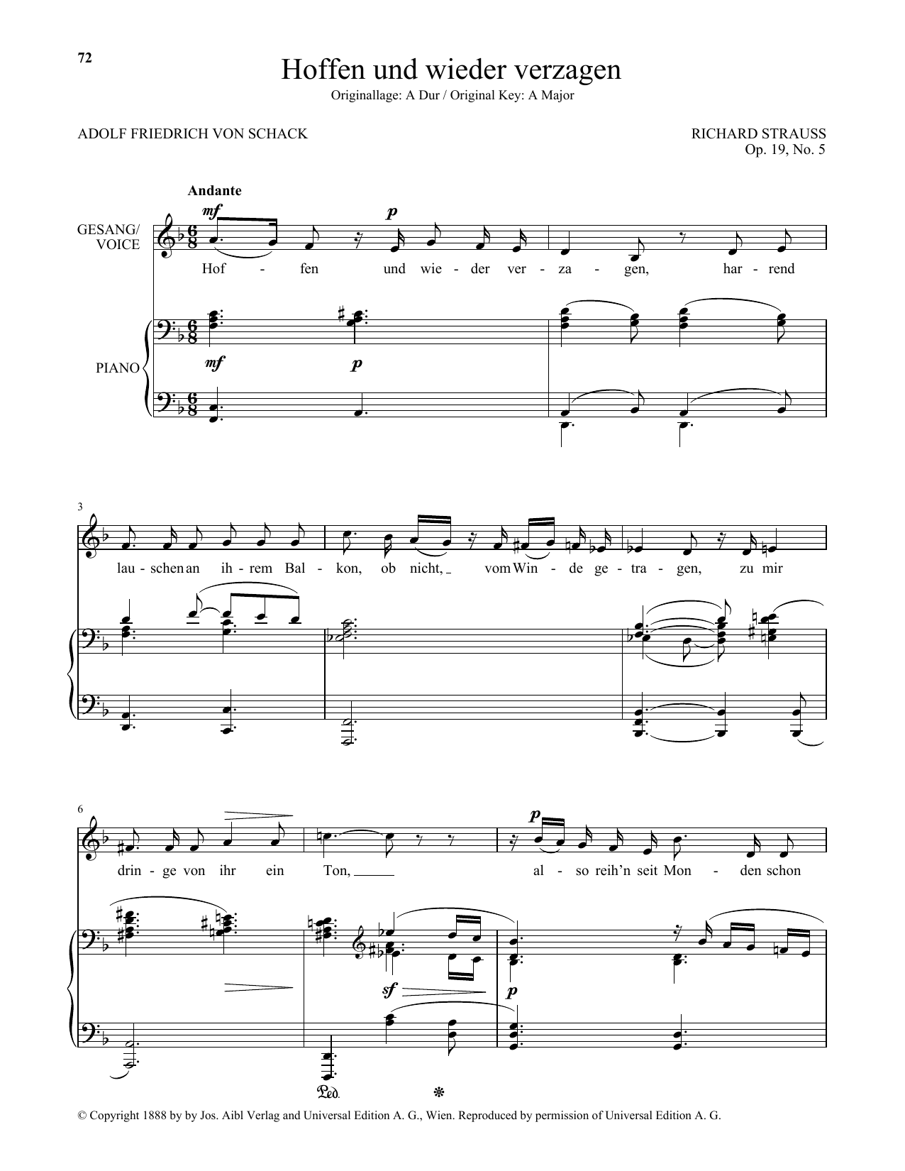 Download Richard Strauss Hoffen Und Wieder Verzagen (Low Voice) Sheet Music