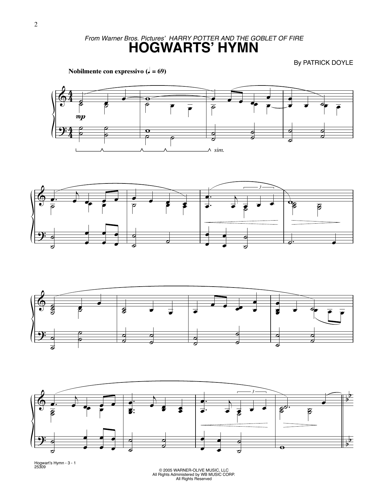 Download Patrick Doyle Hogwarts' Hymn (from Harry Potter) Sheet Music