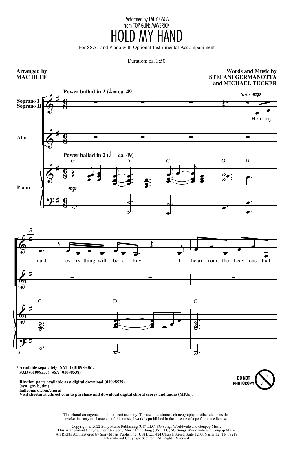 Download Lady Gaga Hold My Hand (from Top Gun: Maverick) ( Sheet Music