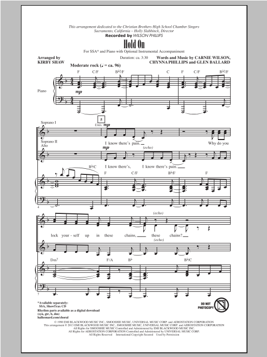 Download Wilson Phillips Hold On (arr. Kirby Shaw) Sheet Music