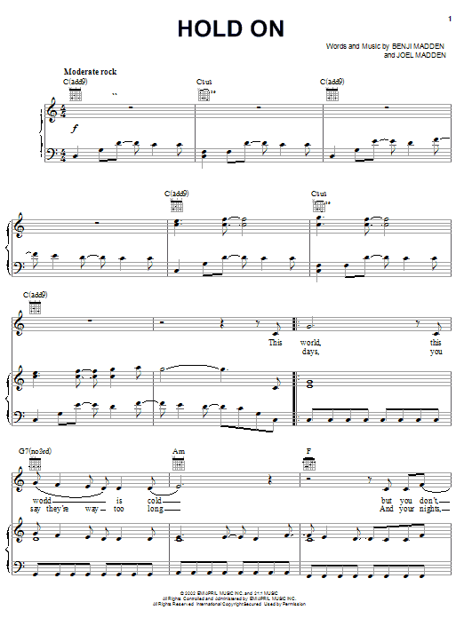 Download Good Charlotte Hold On Sheet Music