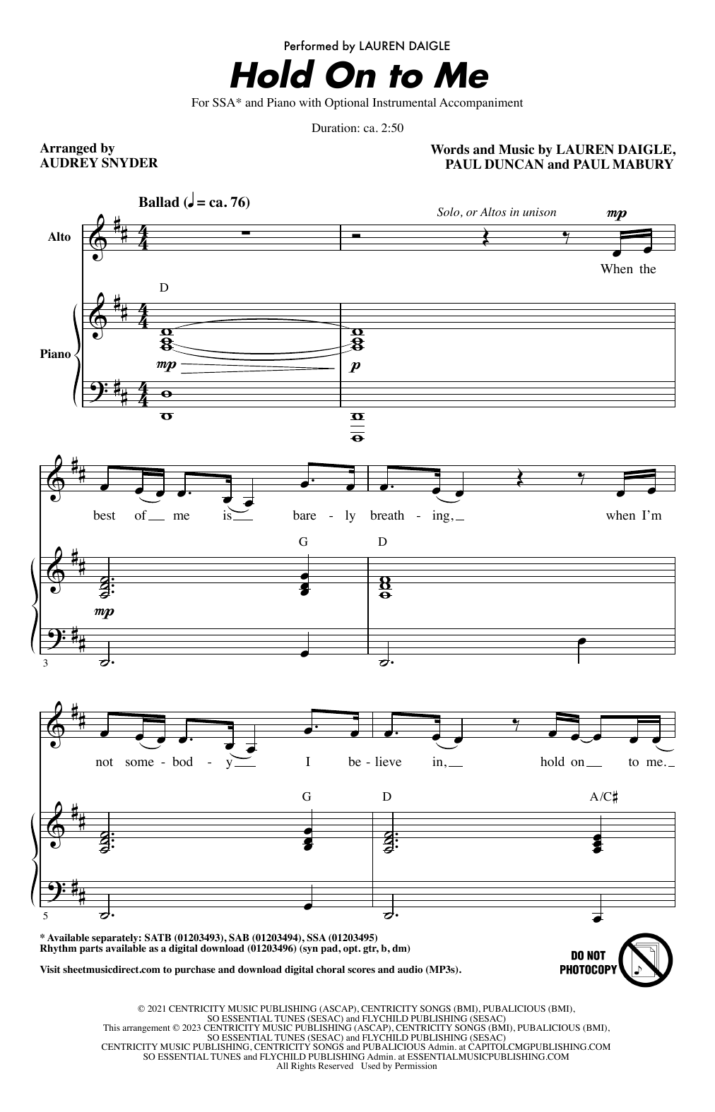Download Lauren Daigle Hold On To Me (arr. Audrey Snyder) Sheet Music
