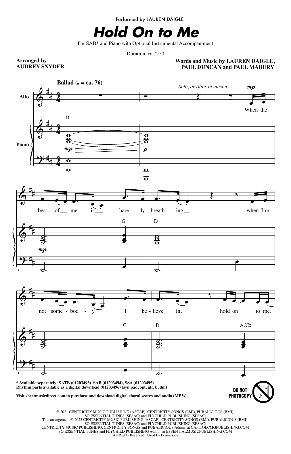 Download Lauren Daigle Hold On To Me (arr. Audrey Snyder) Sheet Music