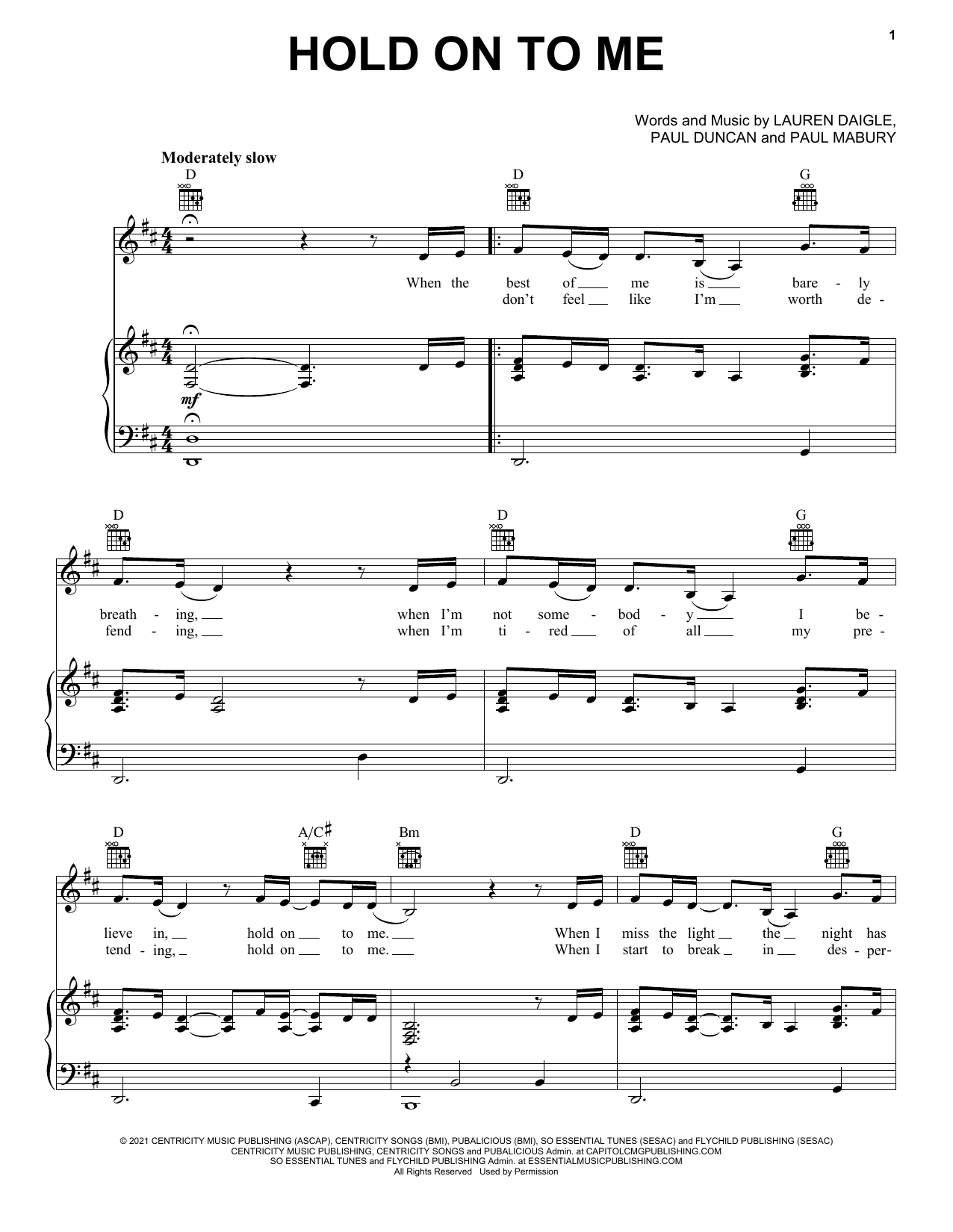 Download Lauren Daigle Hold On To Me Sheet Music