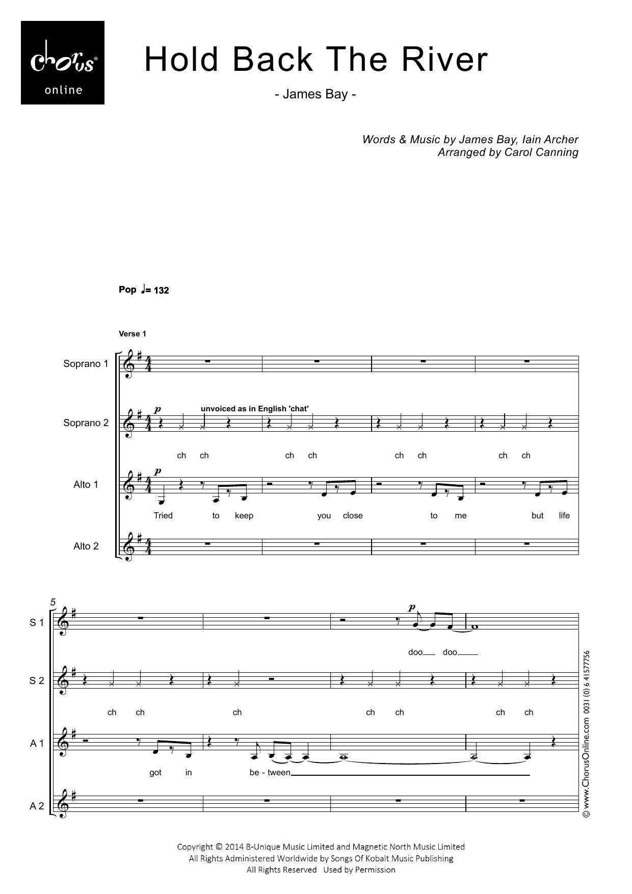 James Bay Hold Back the River (arr. Carol Canning) sheet music notes printable PDF score