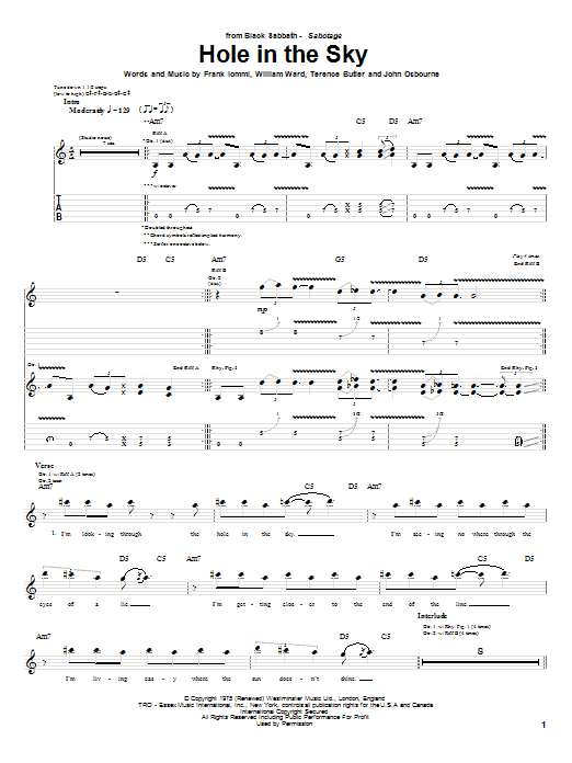 Download Black Sabbath Hole In The Sky Sheet Music