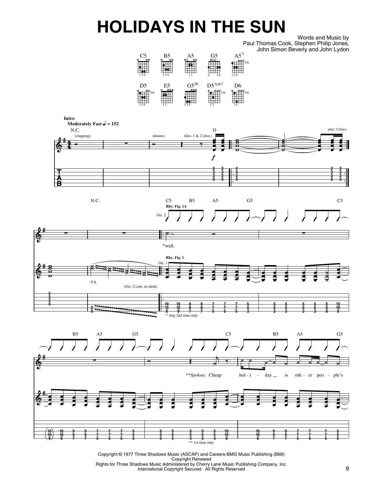 Download Sex Pistols Holidays In The Sun Sheet Music