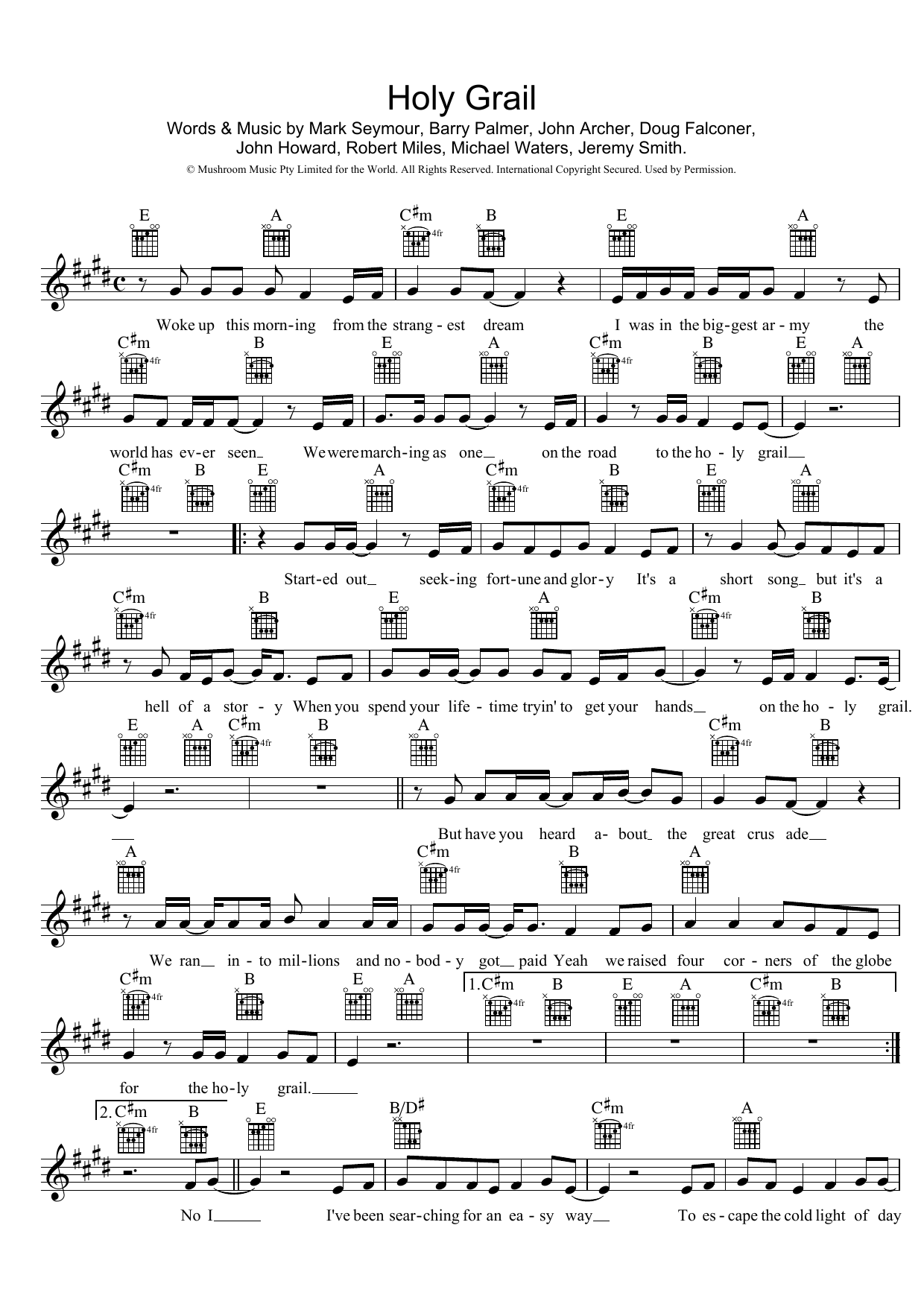 Download Hunters & Collectors Holy Grail Sheet Music