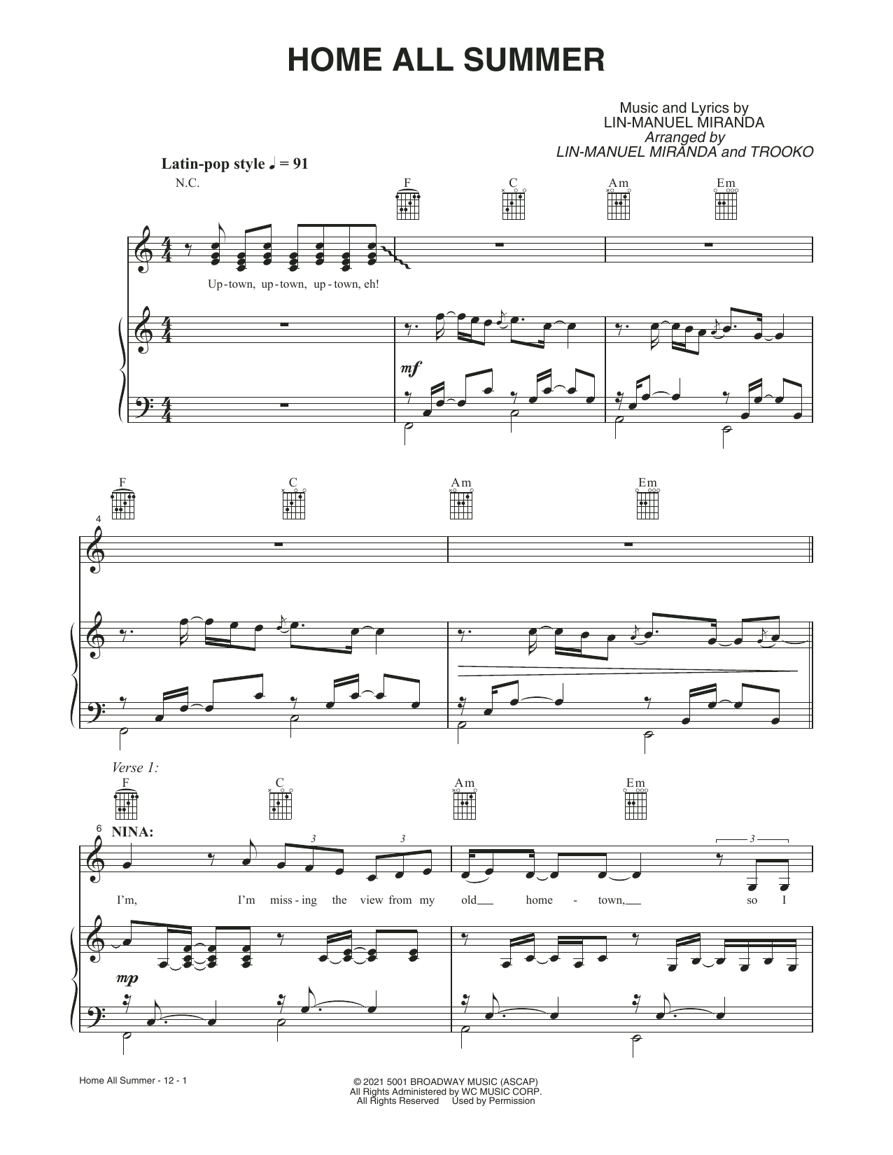 Download Lin-Manuel Miranda Home All Summer (from the Motion Pictur Sheet Music