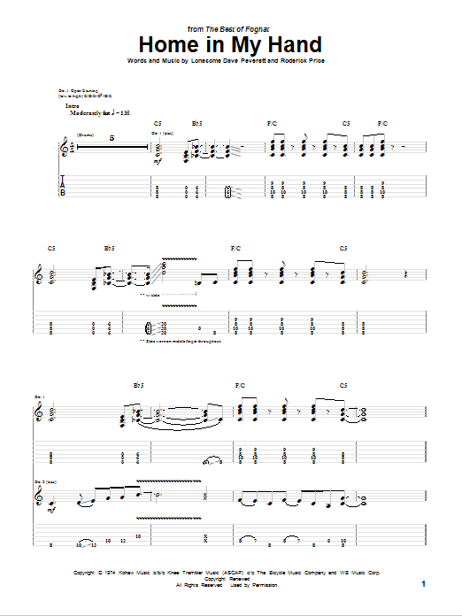 Download Foghat Home In My Hand Sheet Music