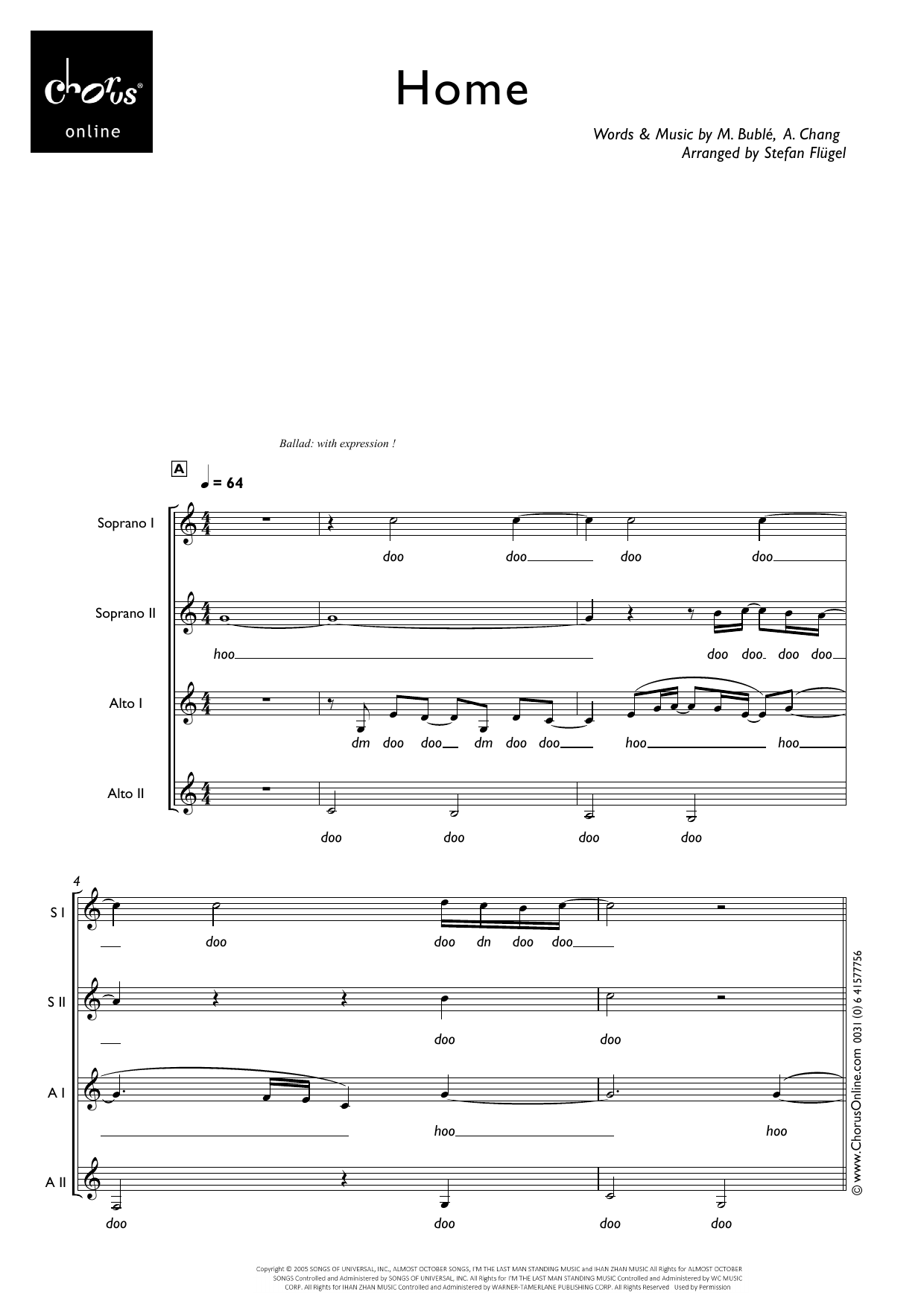 Michael Bublé Home (arr. Stefan Flügel) sheet music notes printable PDF score