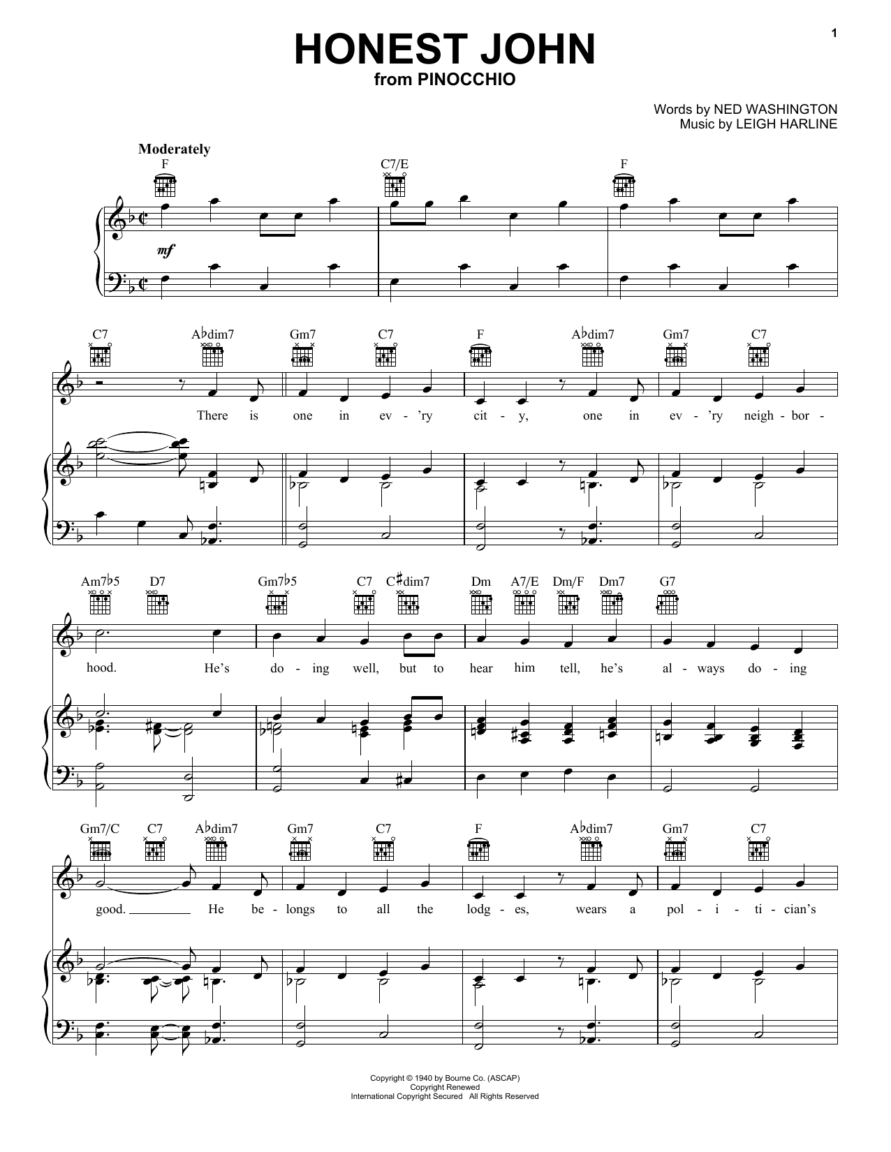 Download Ned Washington and Leigh Harline Honest John (from Walt Disney's Pinocch Sheet Music