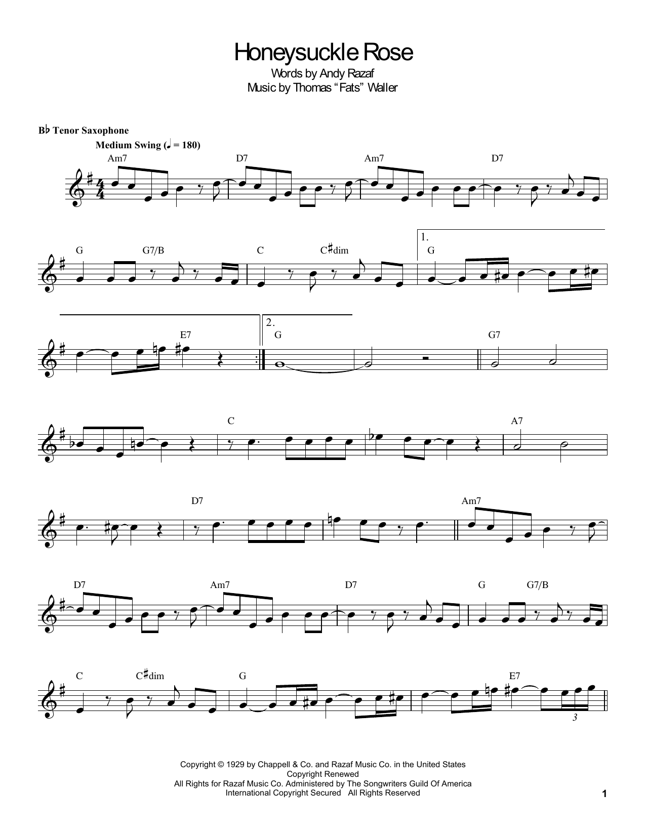 Download Coleman Hawkins Honeysuckle Rose Sheet Music