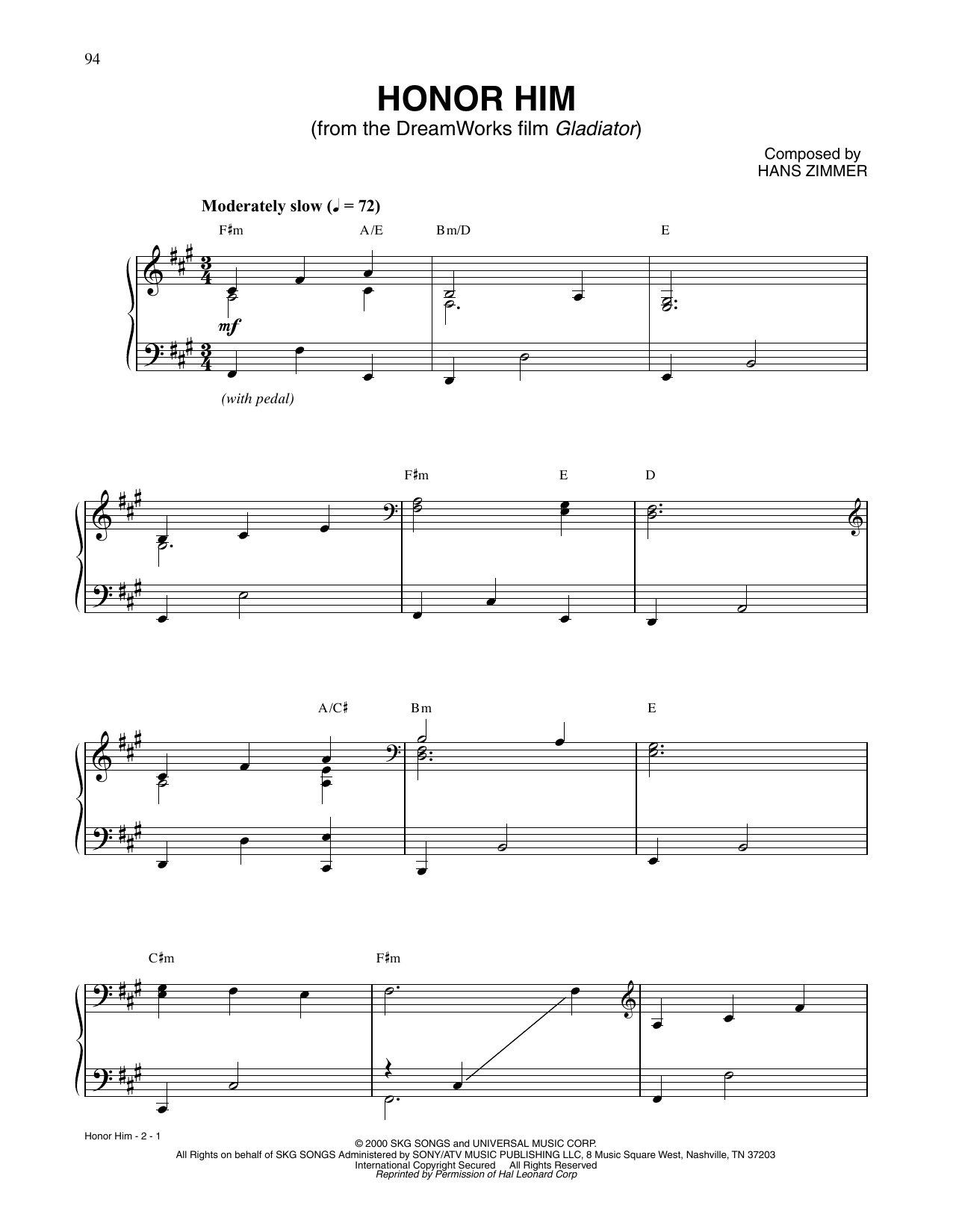 Download Hans Zimmer Honor Him (from Gladiator) Sheet Music