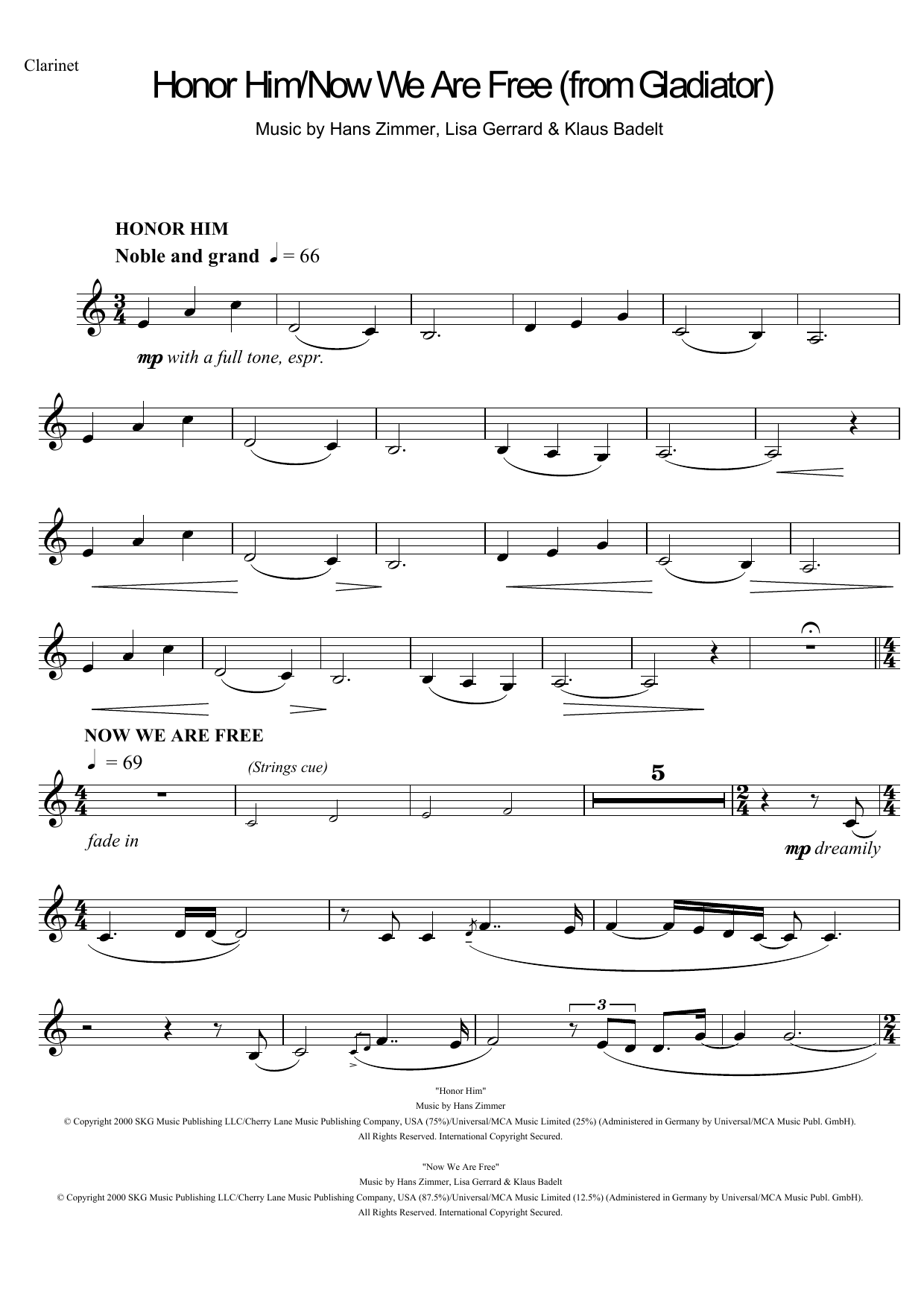 Download Hans Zimmer Honor Him/Now We Are Free (from Gladiat Sheet Music
