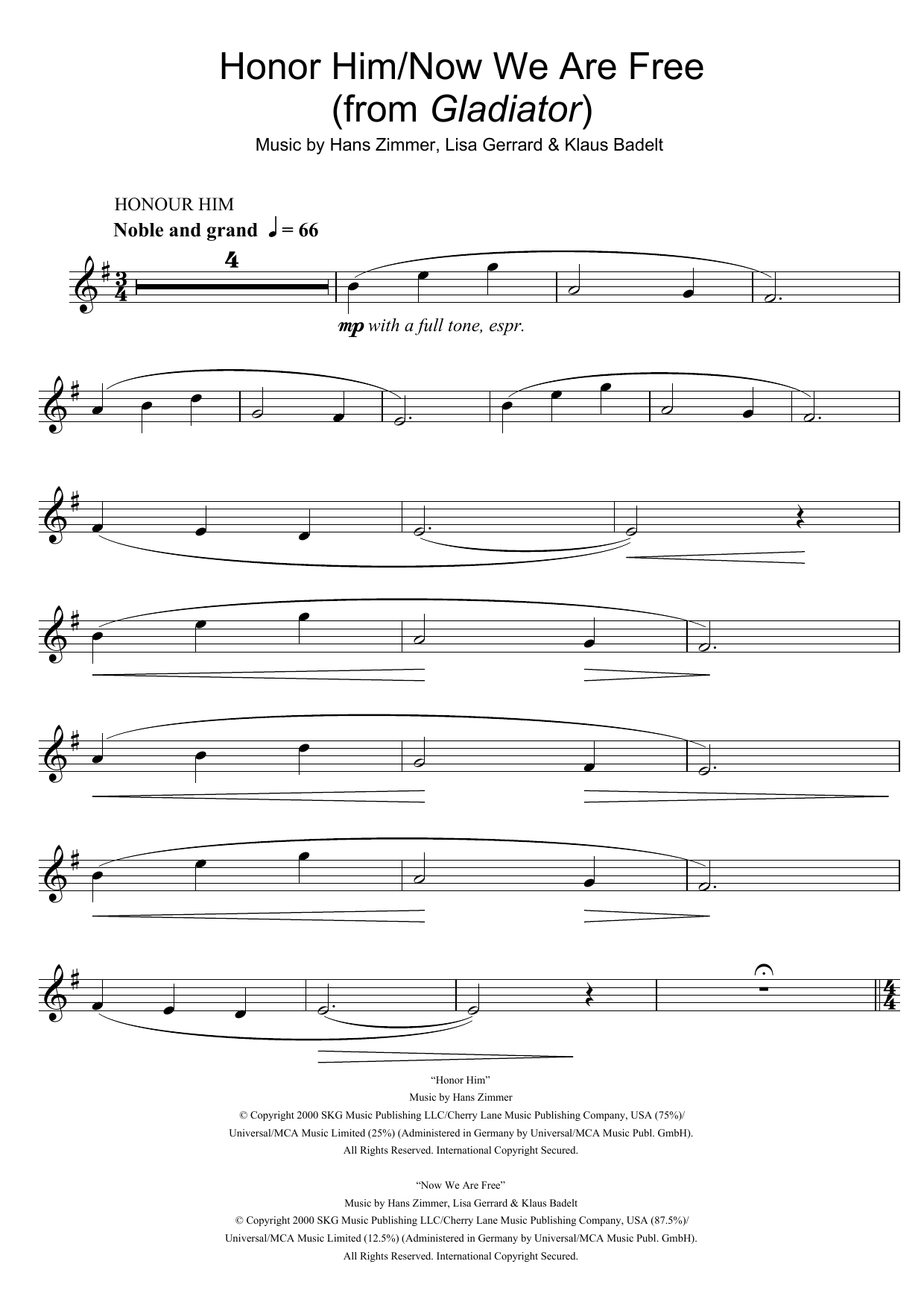 Download Hans Zimmer Honor Him/Now We Are Free (from Gladiat Sheet Music