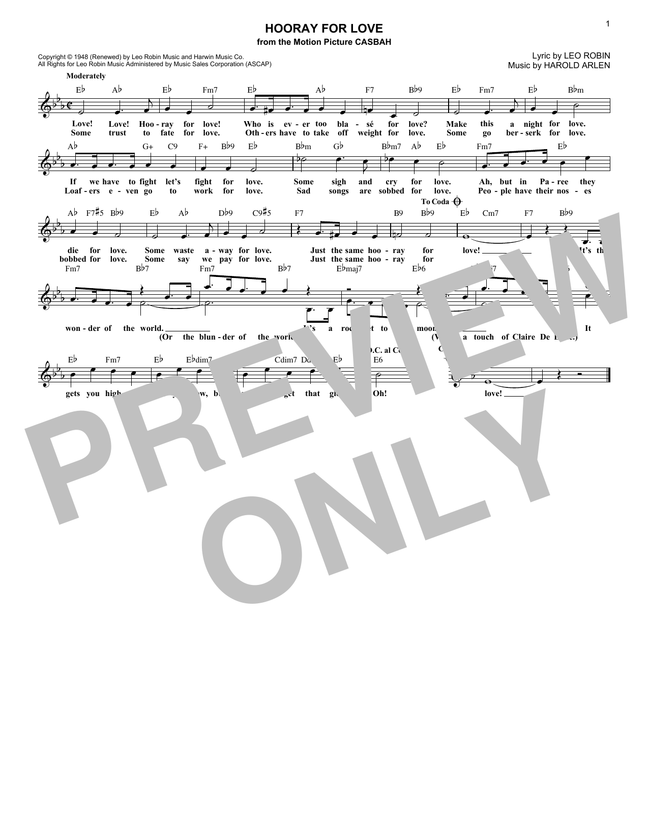 Download Harold Arlen Hooray For Love Sheet Music