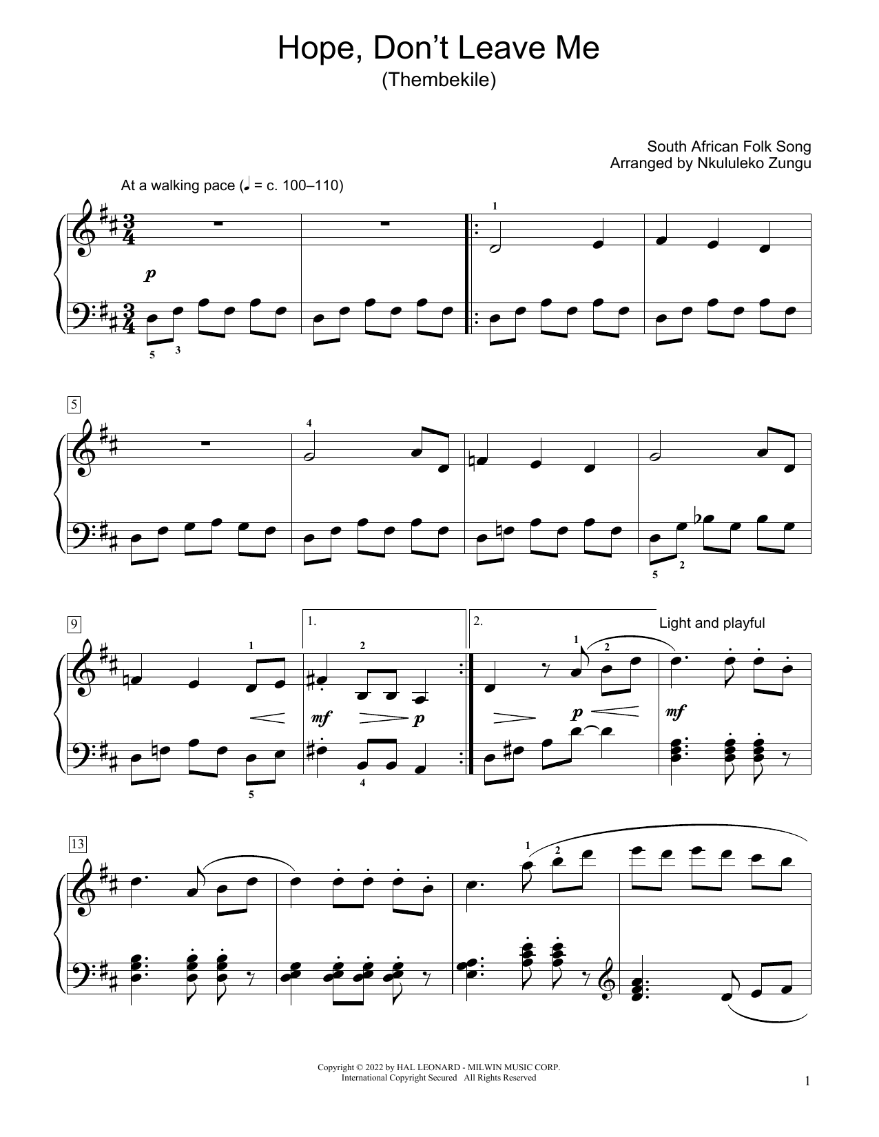 Download South African folk song Hope, Don't Leave Me (Thembekile) (arr. Sheet Music