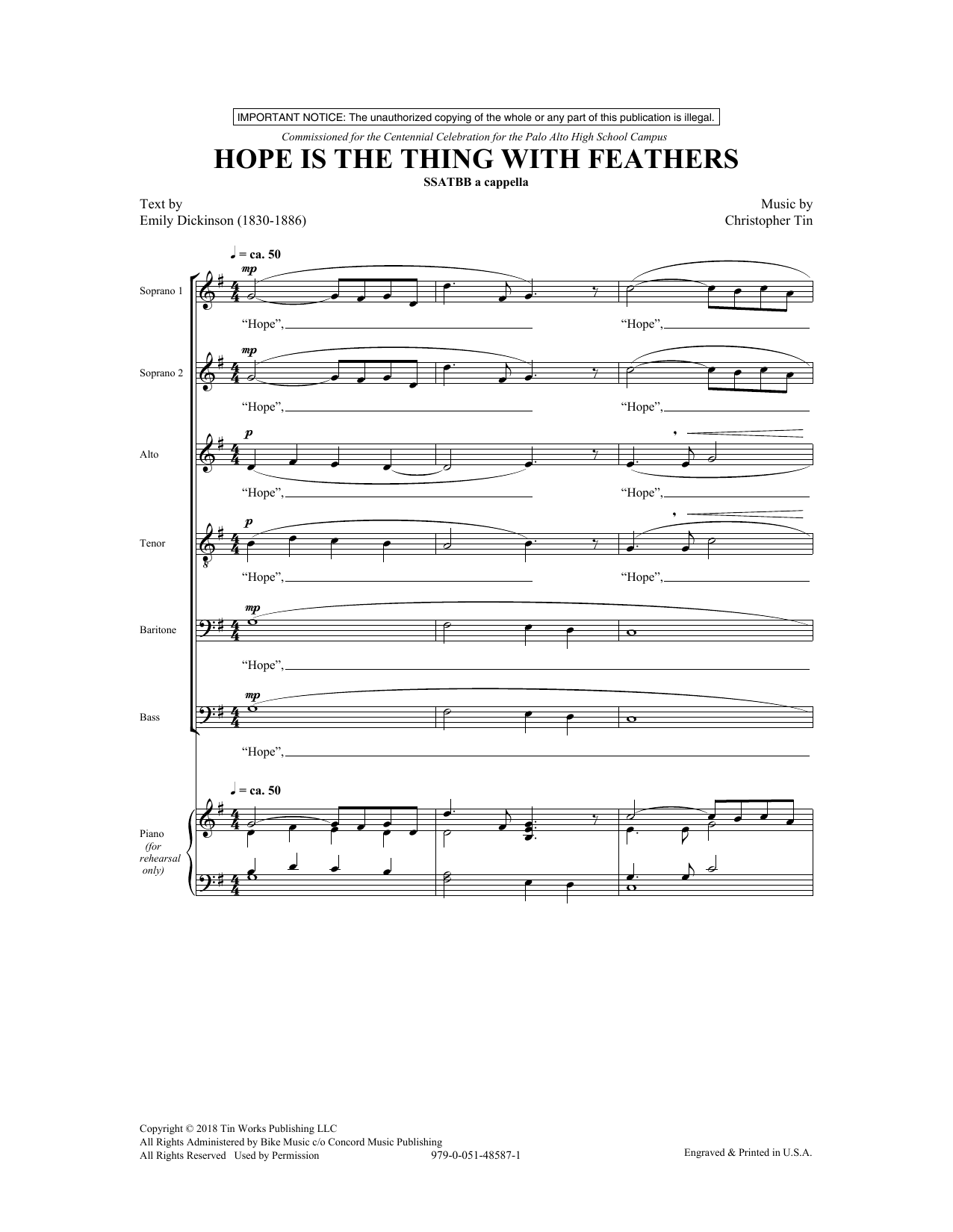 Download Emily Dickinson and Christopher Tin Hope Is The Thing With Feathers Sheet Music