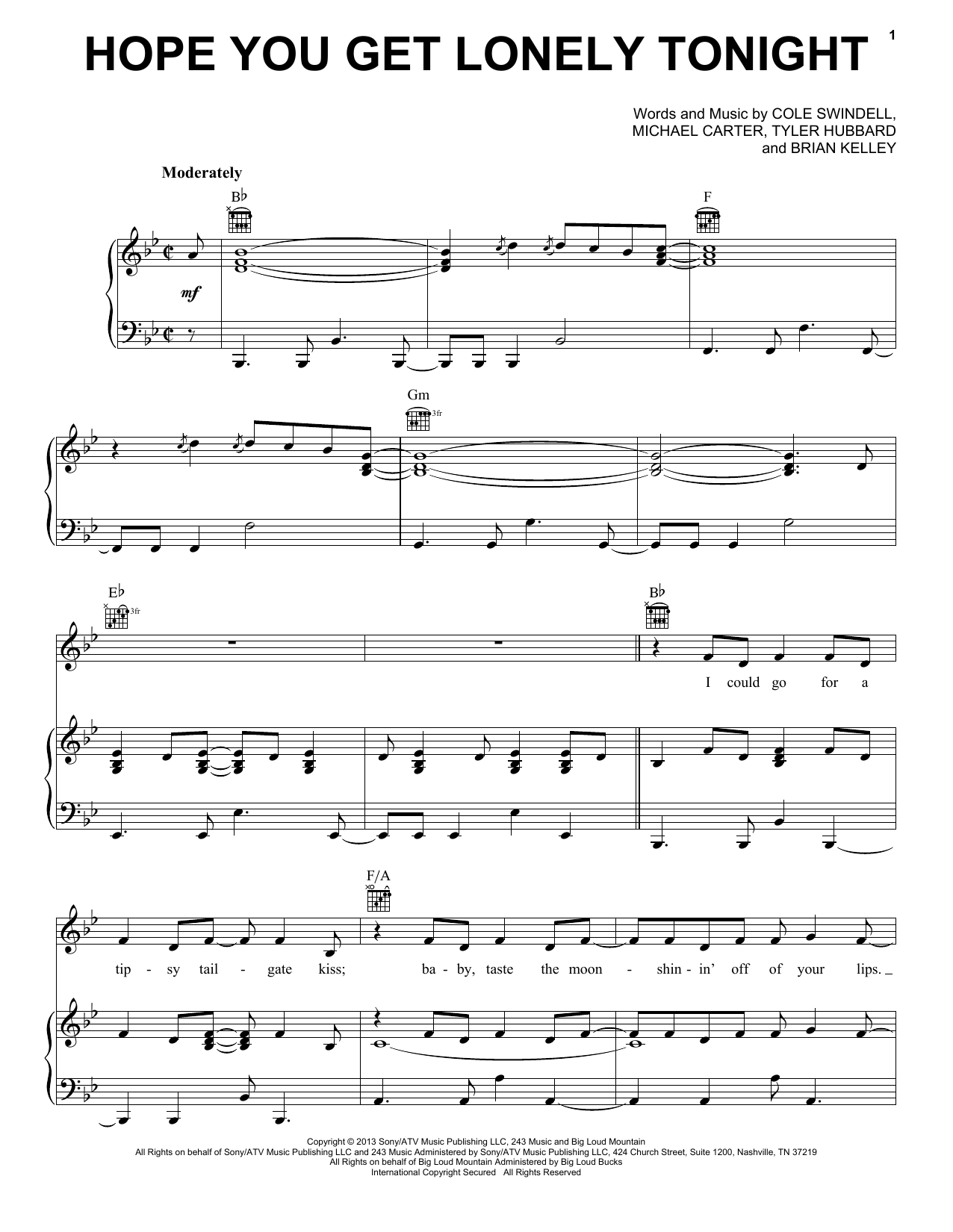 Download Cole Swindell Hope You Get Lonely Tonight Sheet Music