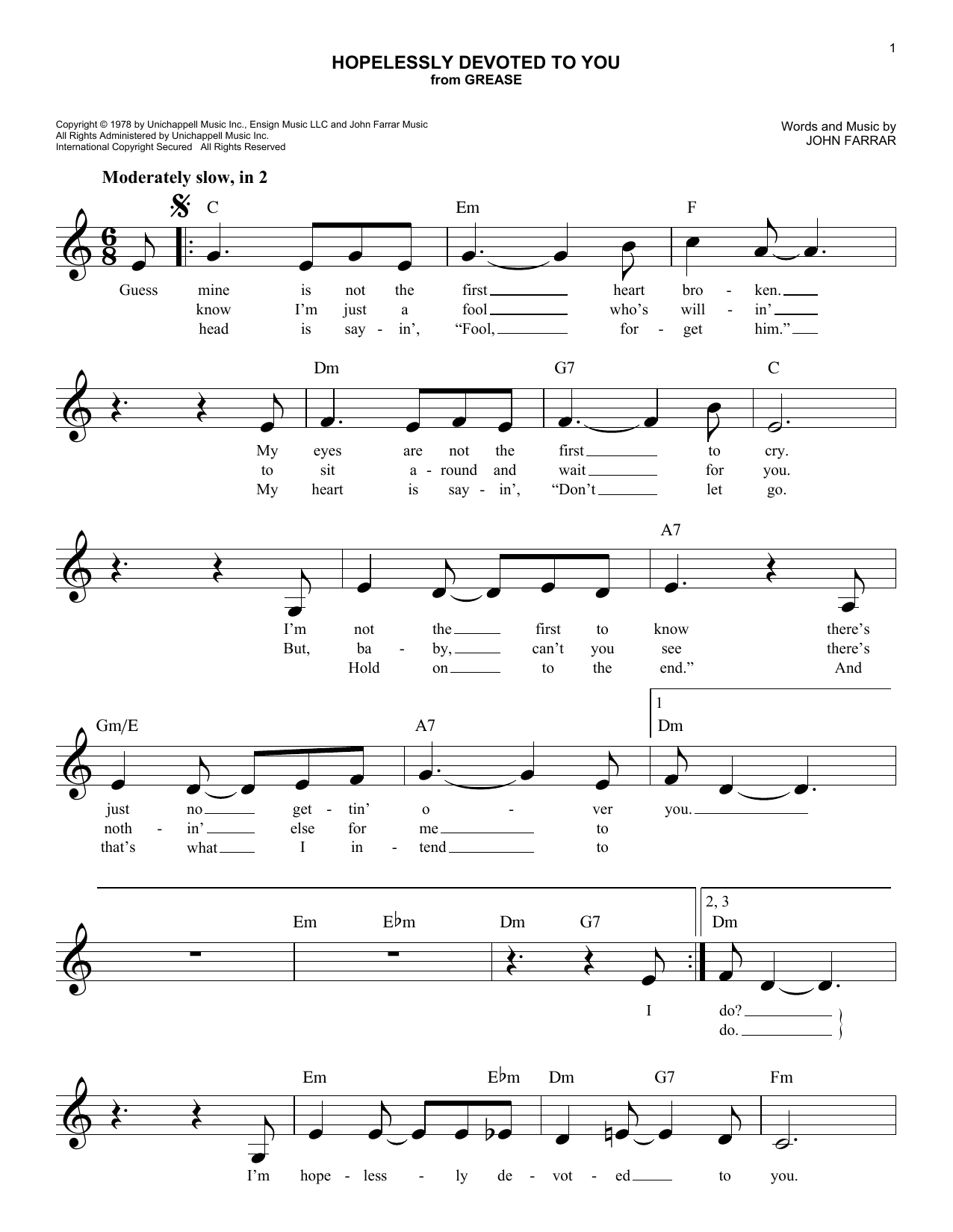 Download Olivia Newton-John Hopelessly Devoted To You Sheet Music