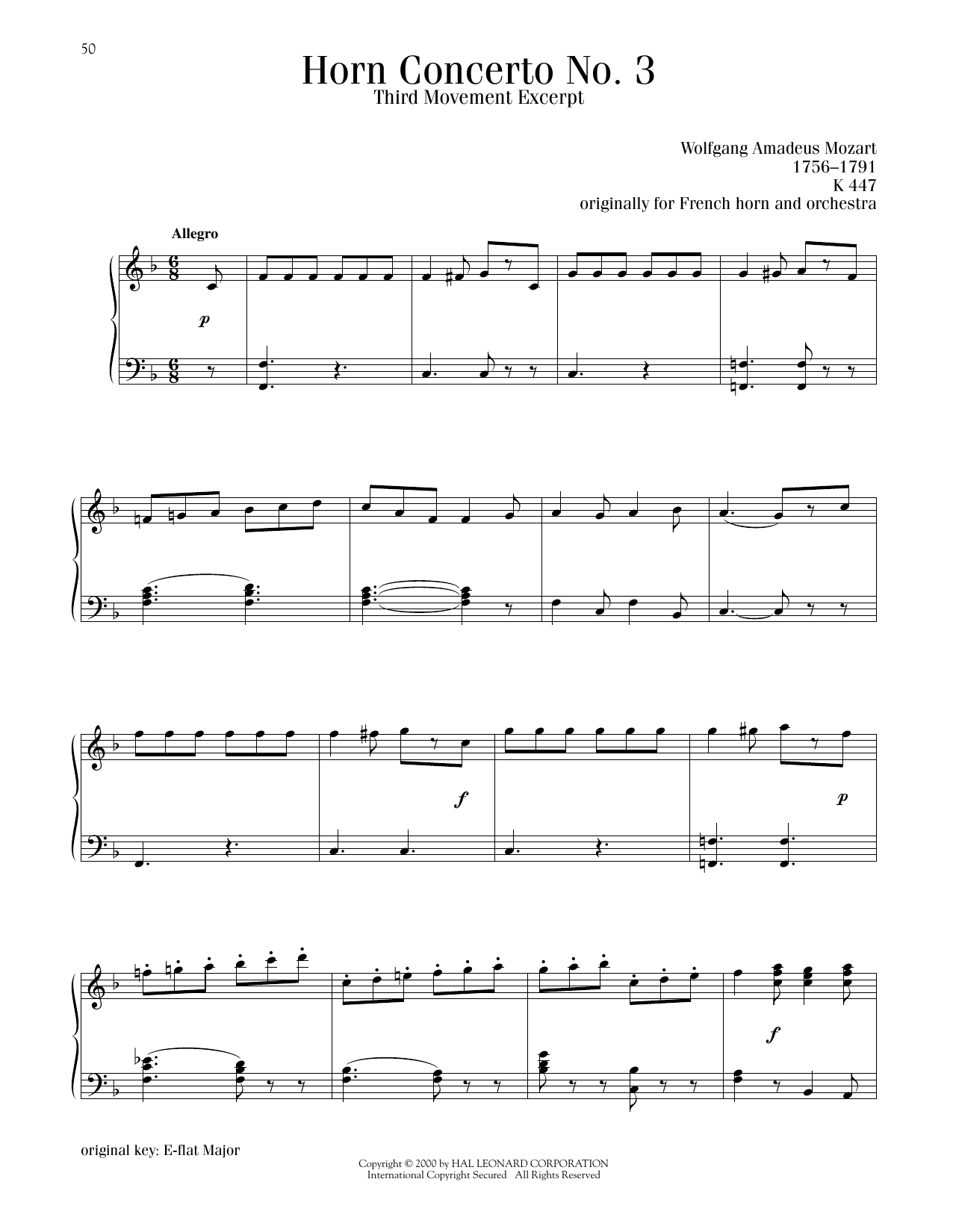 Wolfgang Amadeus Mozart Horn Concerto No. 3, Third Movement Excerpt sheet music notes printable PDF score