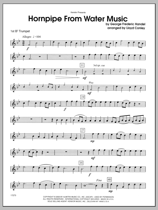 Download Conley Hornpipe From Water Music - 1st Bb Trum Sheet Music
