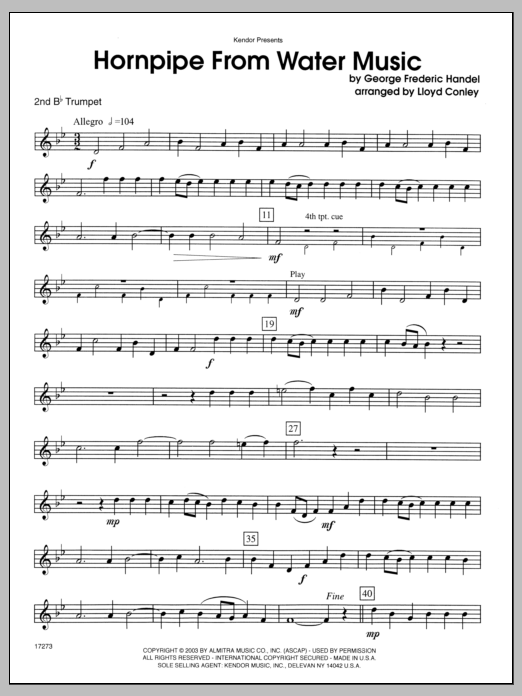 Download Conley Hornpipe From Water Music - 2nd Bb Trum Sheet Music