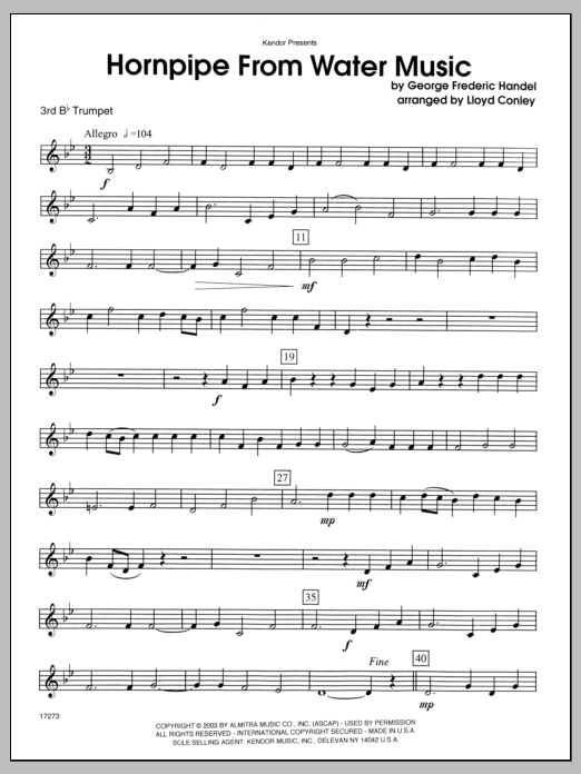 Download Conley Hornpipe From Water Music - 3rd Bb Trum Sheet Music
