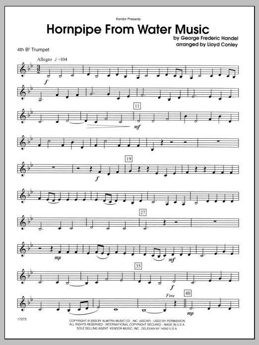 Download Conley Hornpipe From Water Music - 4th Bb Trum Sheet Music