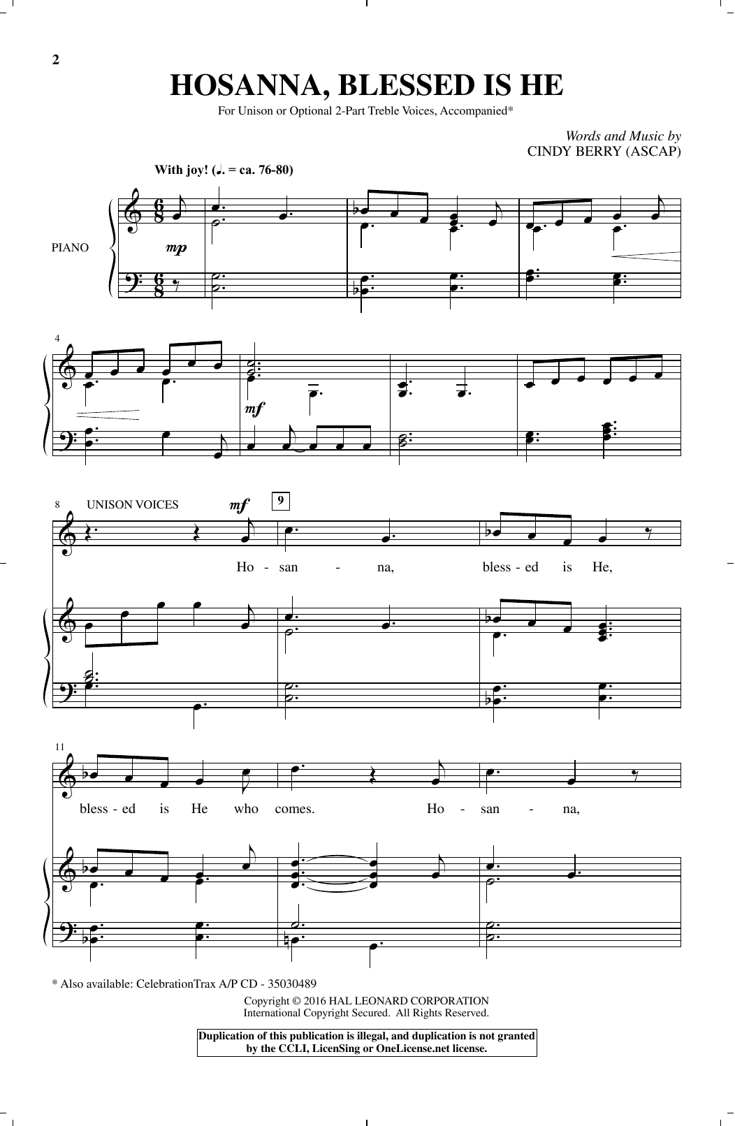 Download Cindy Berry Hosanna, Blessed Is He Sheet Music