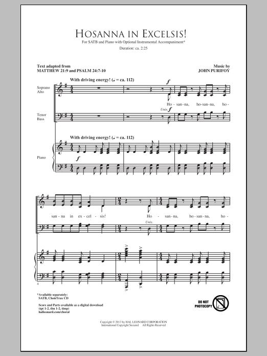 Download John Purifoy Hosanna In Excelsis! Sheet Music