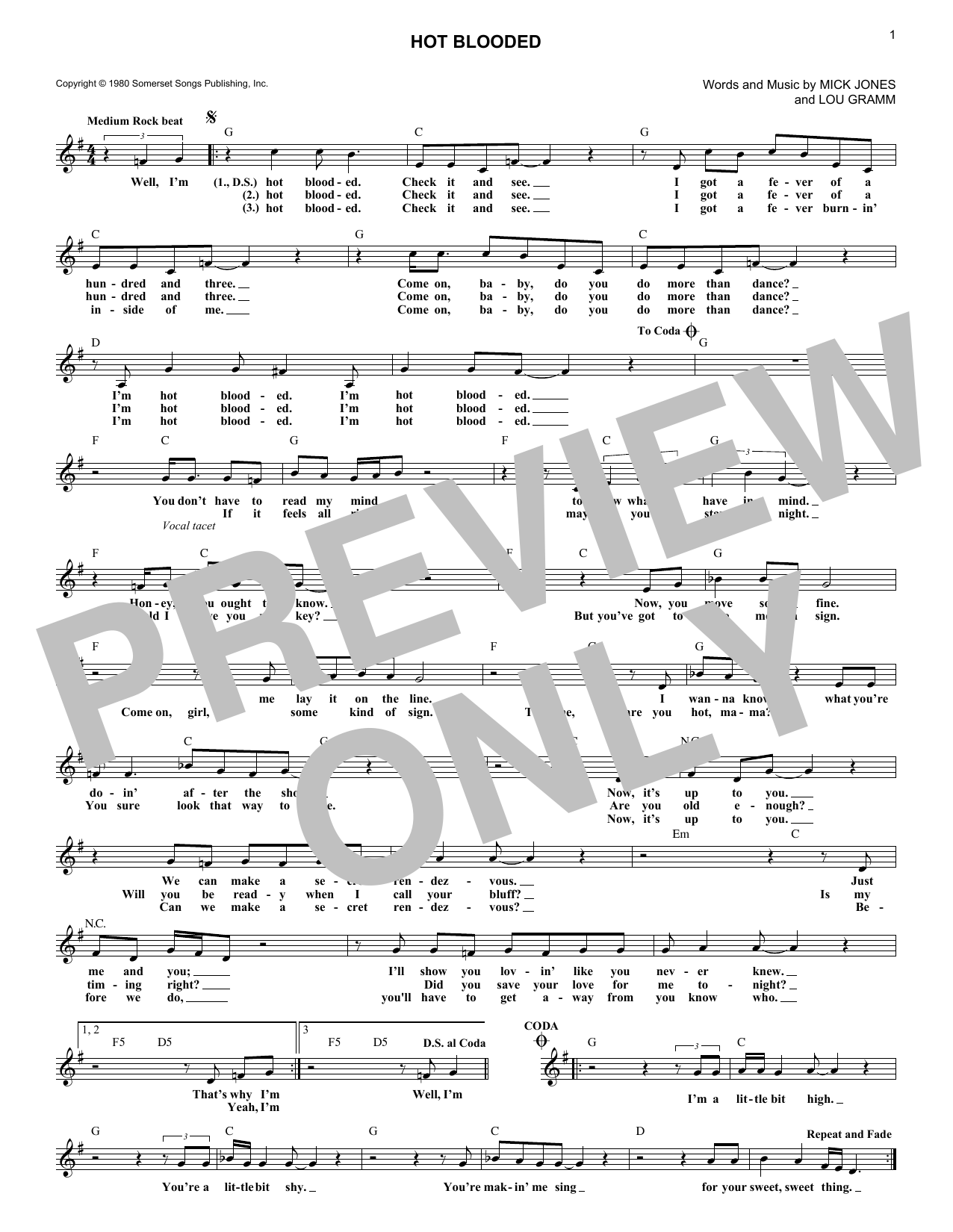 Download Foreigner Hot Blooded Sheet Music