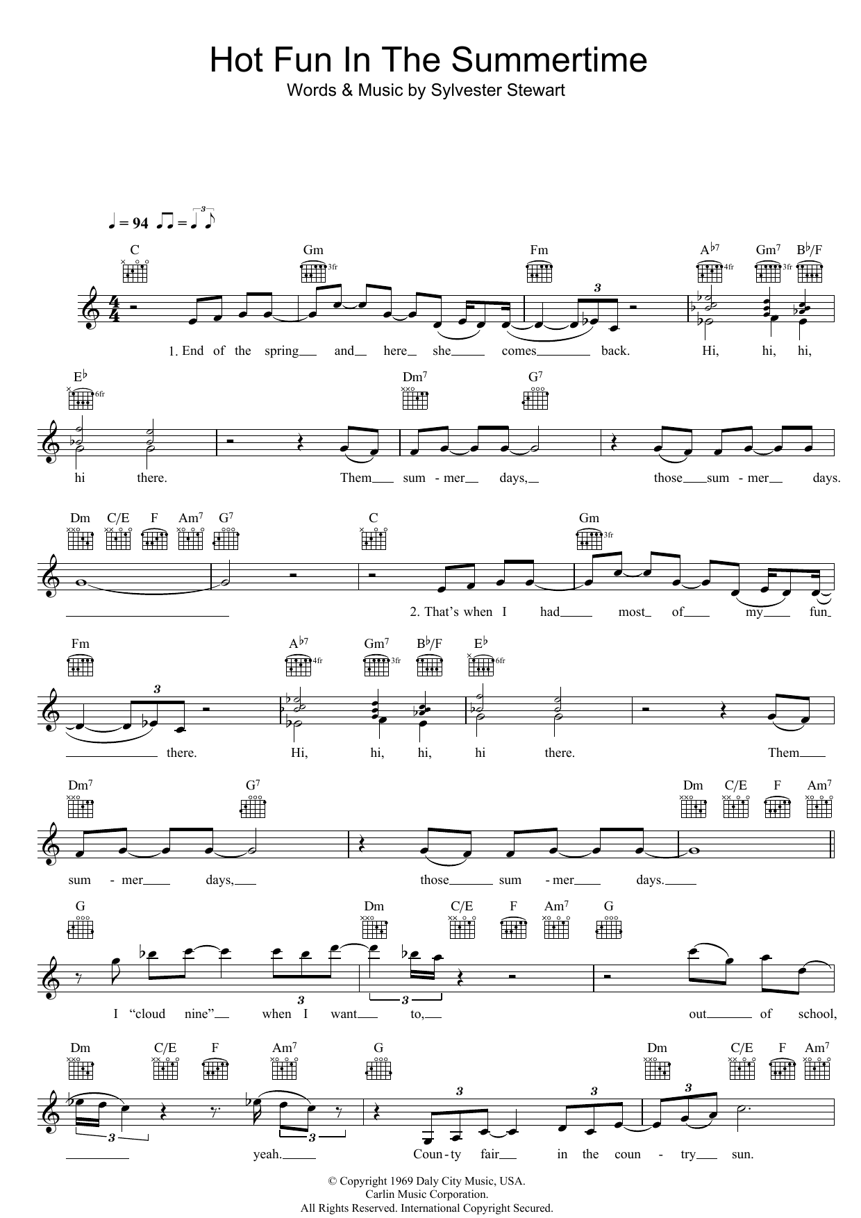 Download Sly & The Family Stone Hot Fun In The Summertime Sheet Music