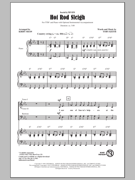 Download Toby Keith Hot Rod Sleigh (arr. Kirby Shaw) Sheet Music