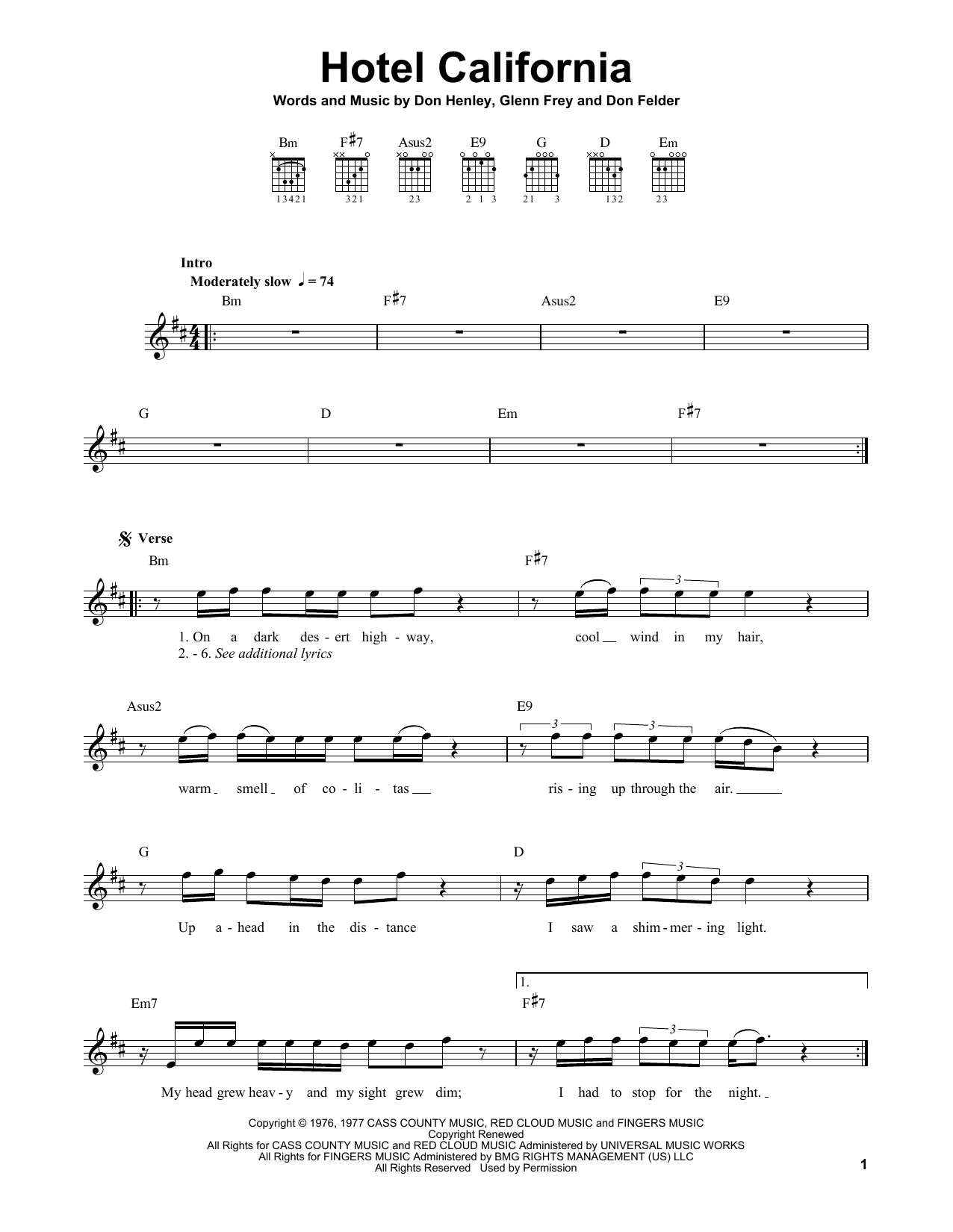 Eagles Hotel California sheet music notes printable PDF score