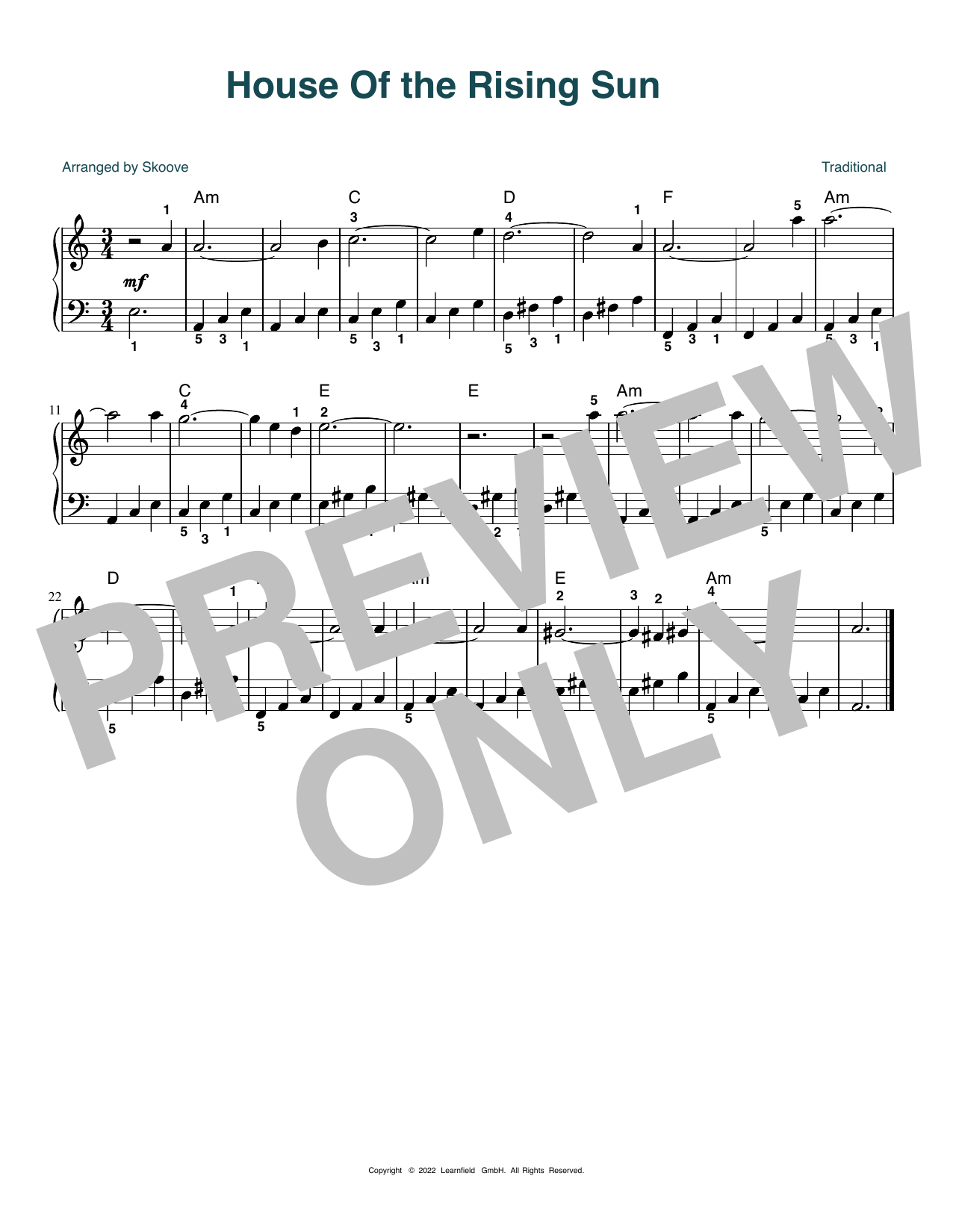 Download Traditional House of the Rising Sun (arr. Skoove) Sheet Music