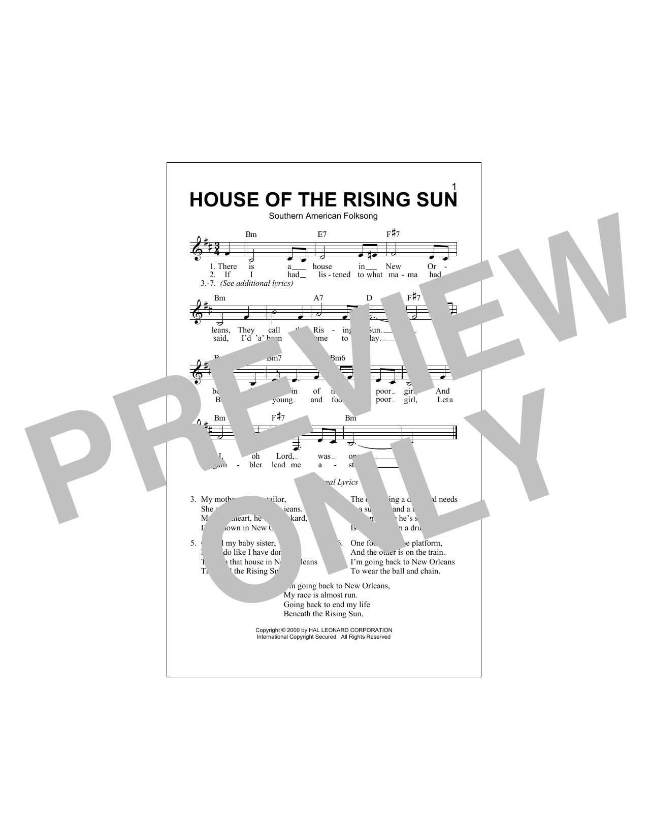 Download Southern American Folksong House Of The Rising Sun Sheet Music