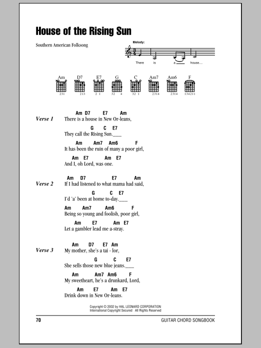 Download Southern American Folksong House Of The Rising Sun Sheet Music