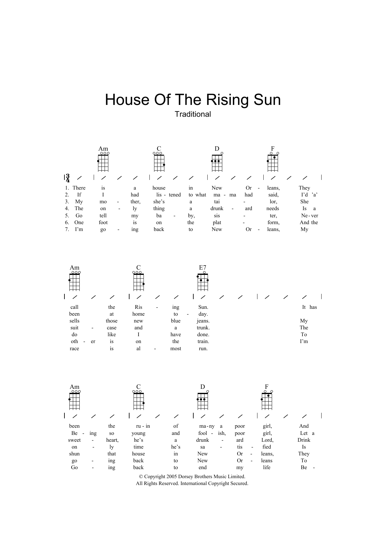 Download Traditional House Of The Rising Sun Sheet Music