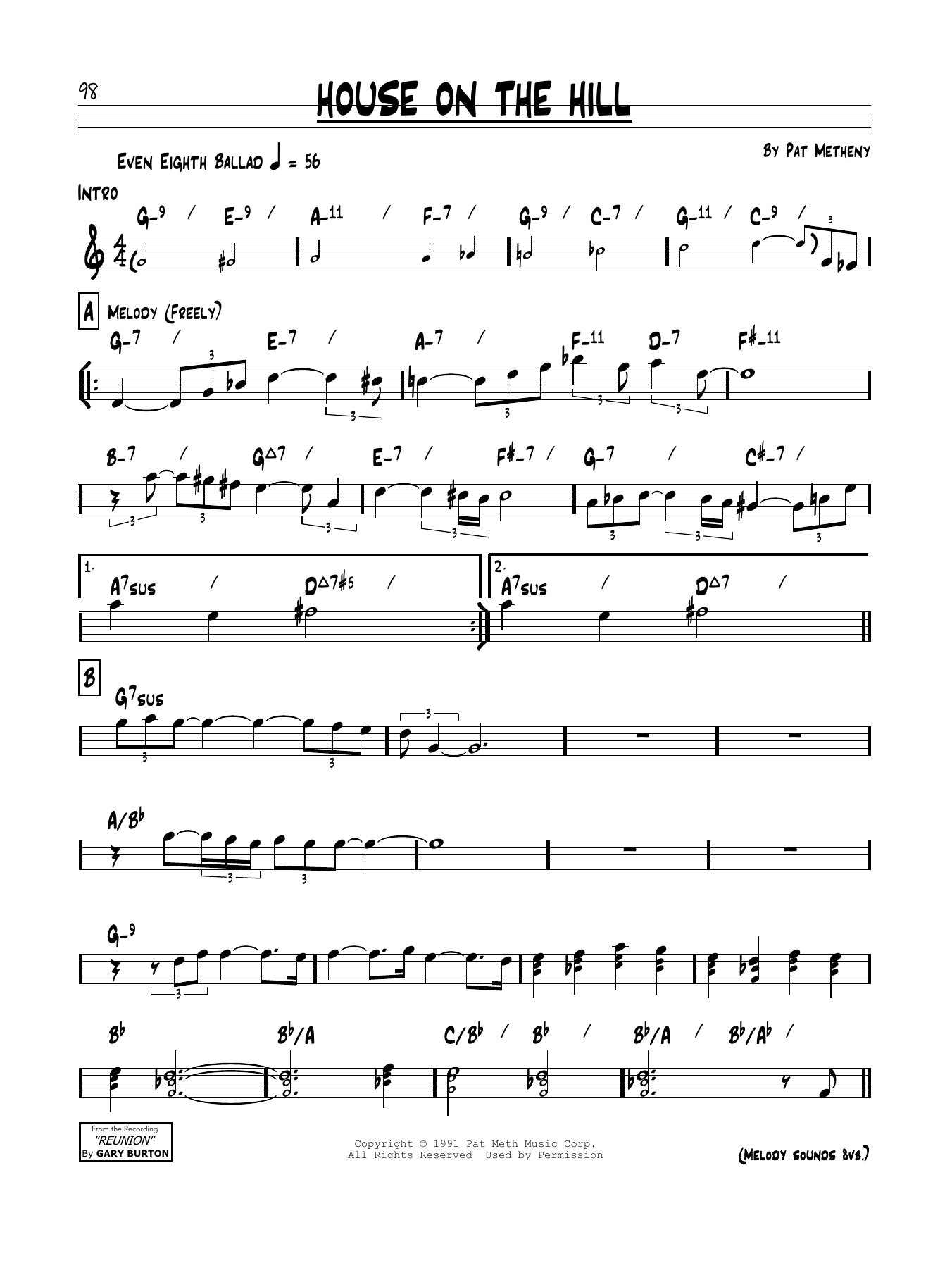 Download Pat Metheny House On The Hill Sheet Music